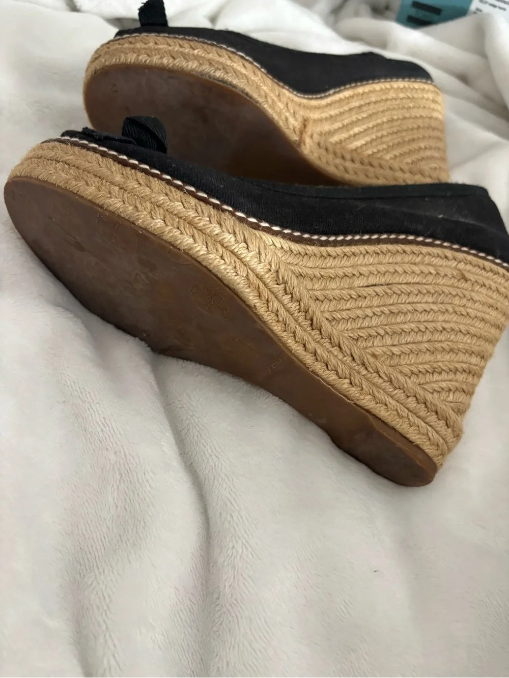 Tory Burch Black Canvas Peep-Toe Espadrille Wedges with Gold Logo Charm